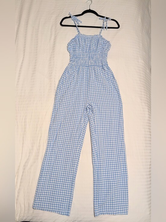 Pants - Sleeveless Blue Gingham Jumpsuit with Smocked Waist